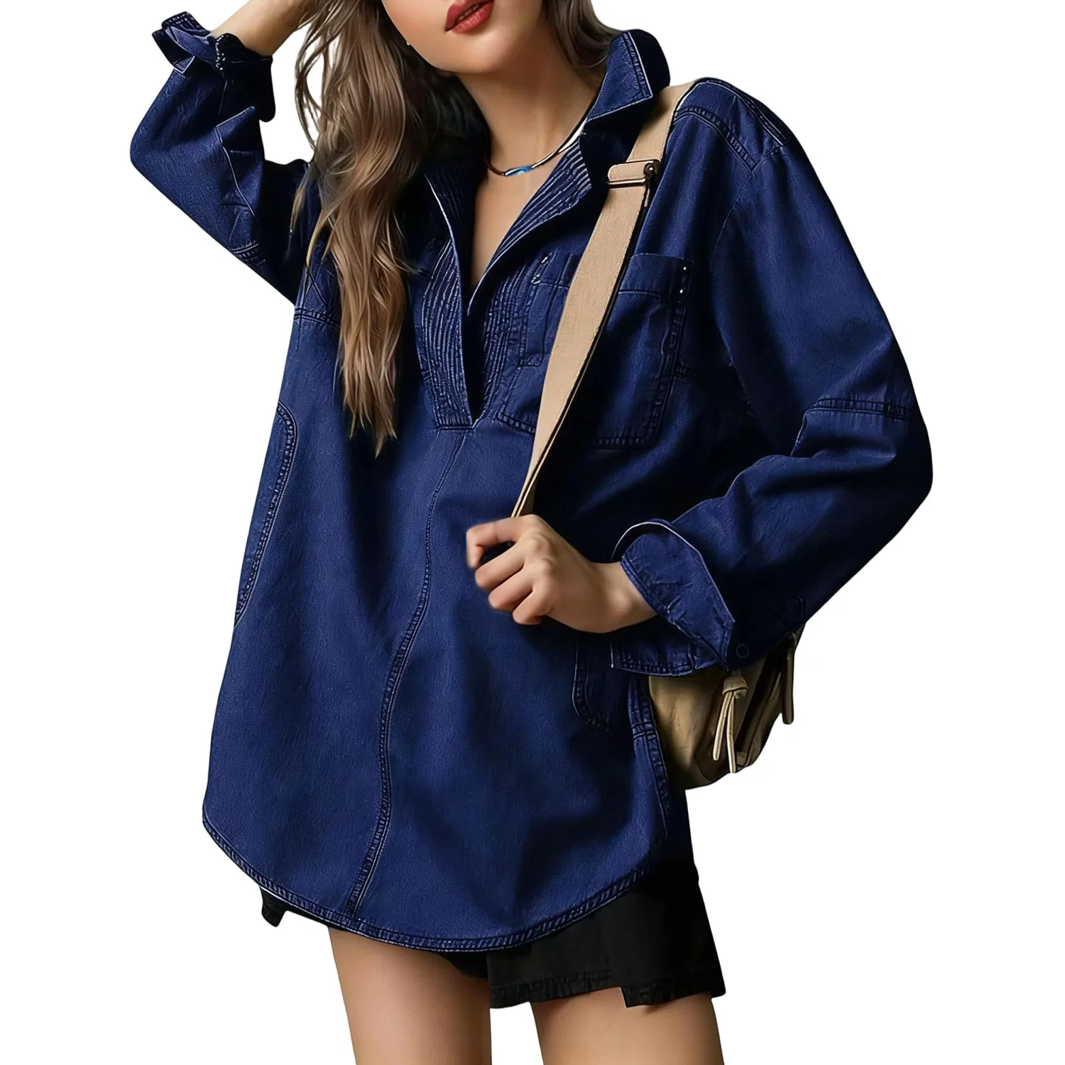 Женское джинсовое пальто с V-образным вырезом и длинным рукавом, blue navy