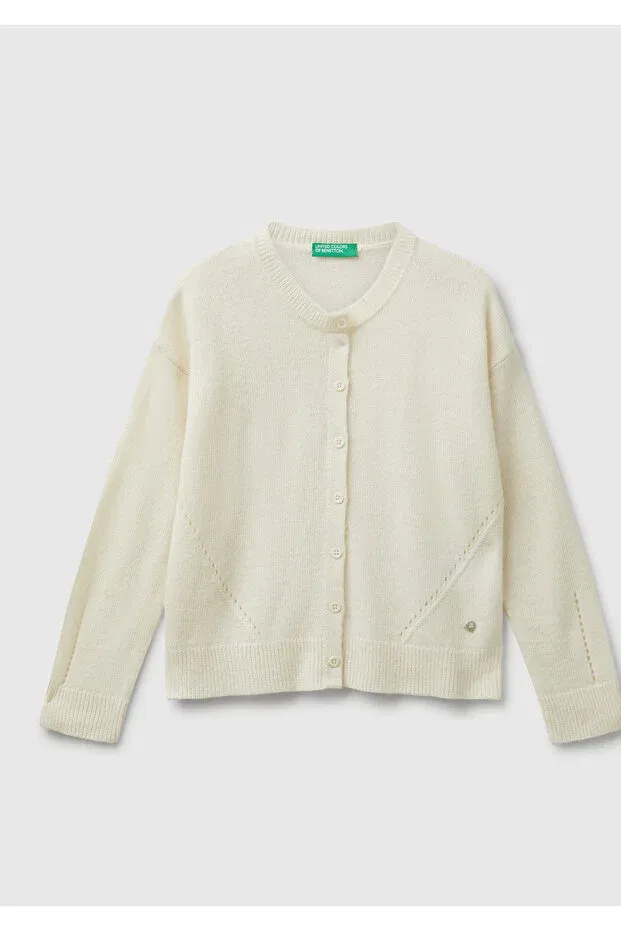 Детский кремовый шерстяной кардиган в рубчик с логотипом United Colors Of Benetton