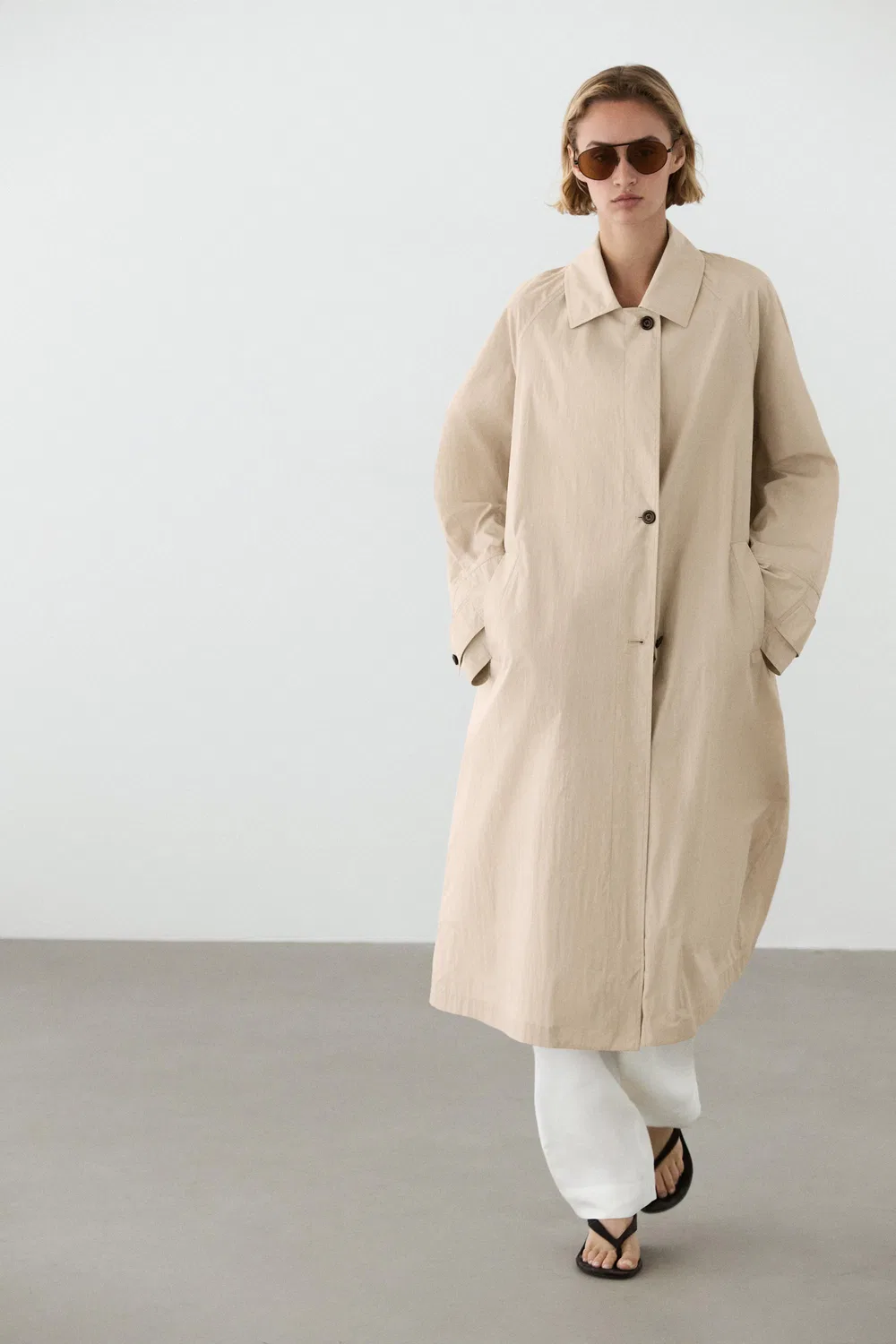 Tренч Massimo Dutti Long Flowing Coat, бежевый — фото 3