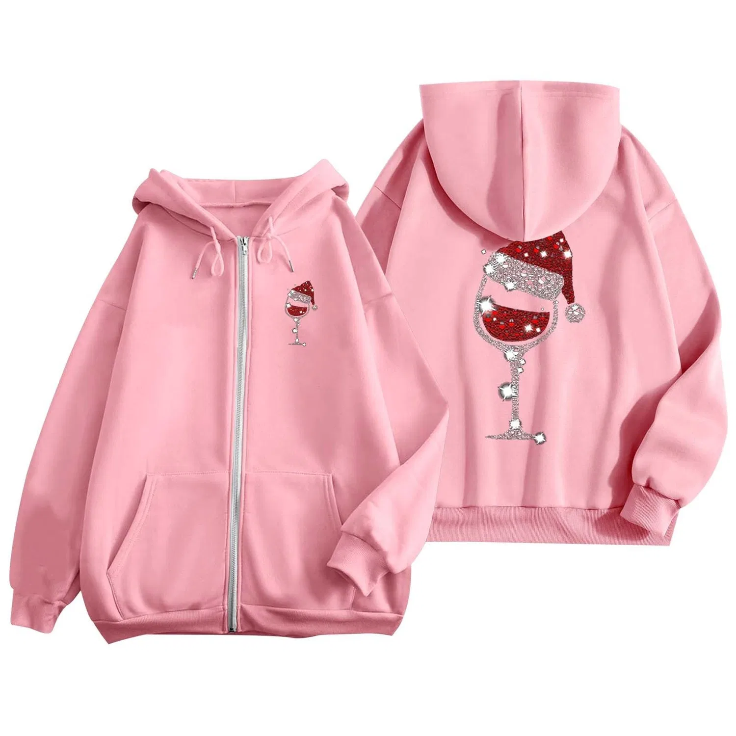 Женское худи с принтом Fashion Christmas Printed Zipper Long Sleeve Pocket Drawstring Casual Sport Hoodie, rosa — фото 3