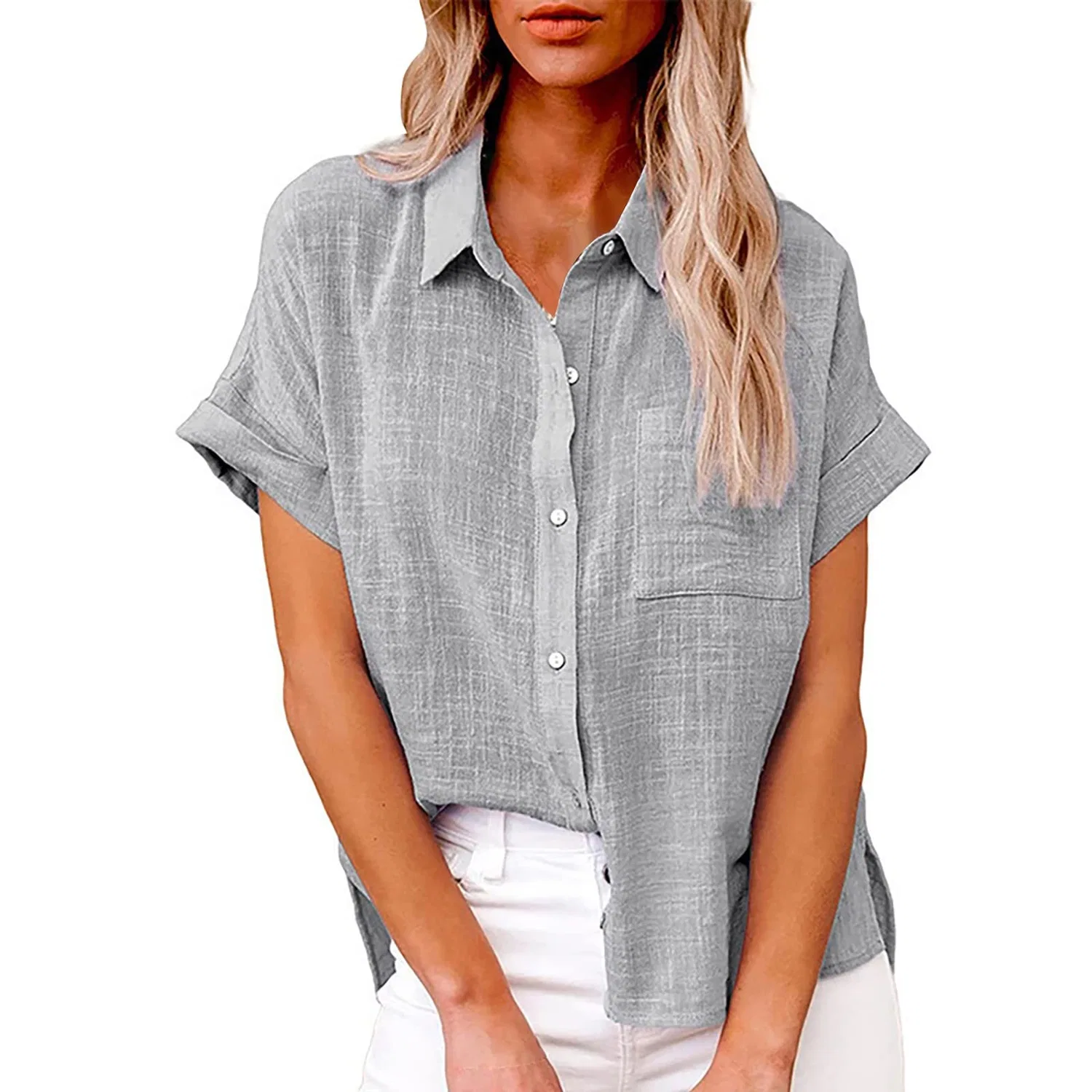 Женская хлопковая рубашка свободного кроя с коротким рукавом, Grey