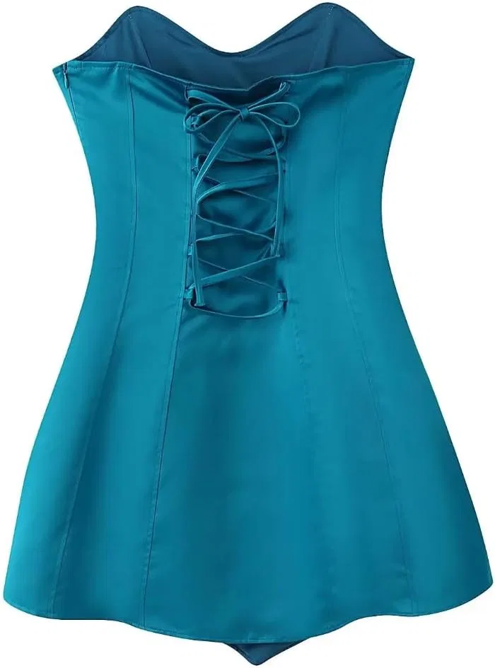 Женское мини-платье A-силуэта с открытой спиной и шнуровкой, Blue — фото 2