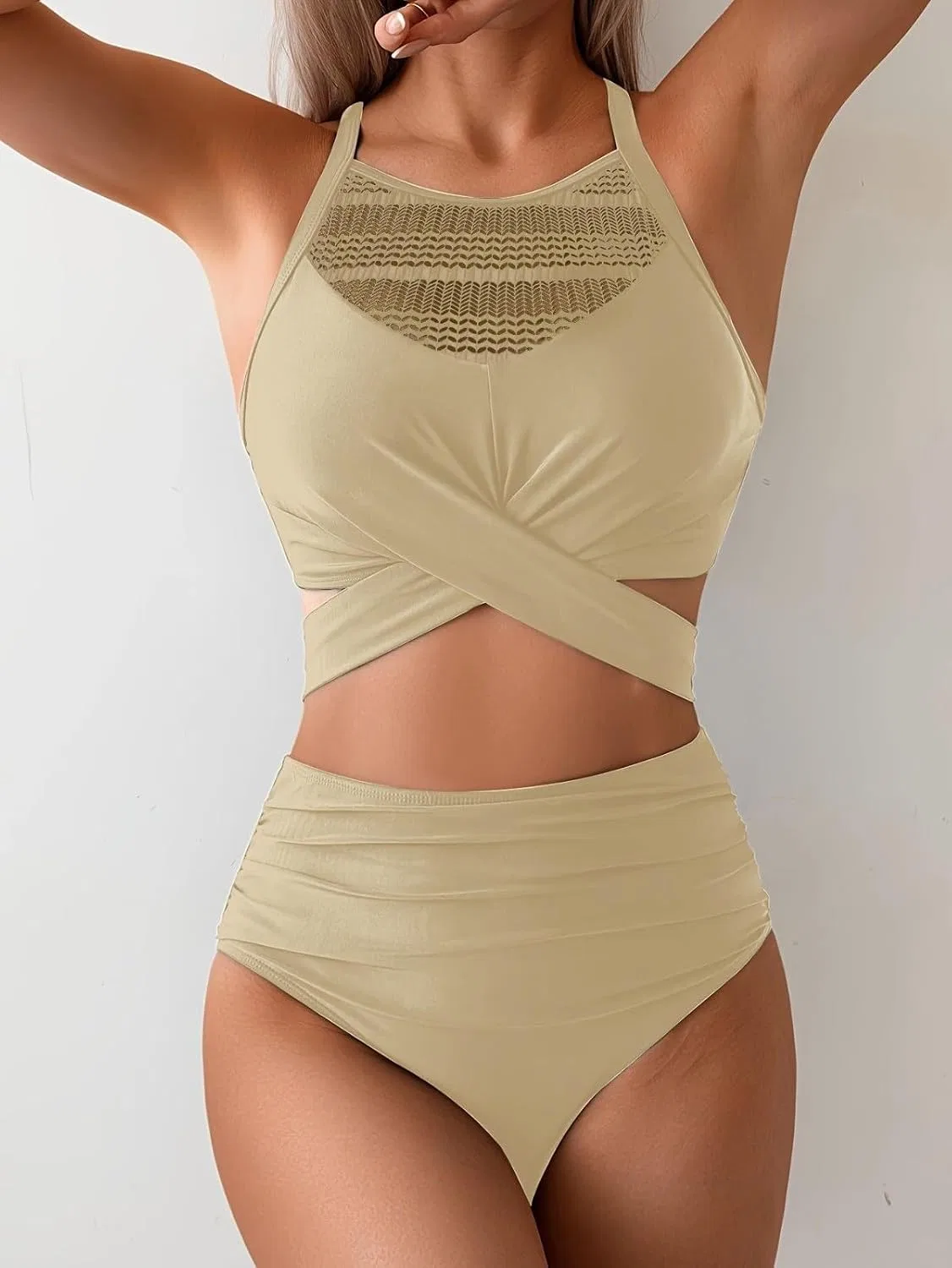 Женский бикини-комплект с утяжкой живота с высокой талией, Khaki — фото 3