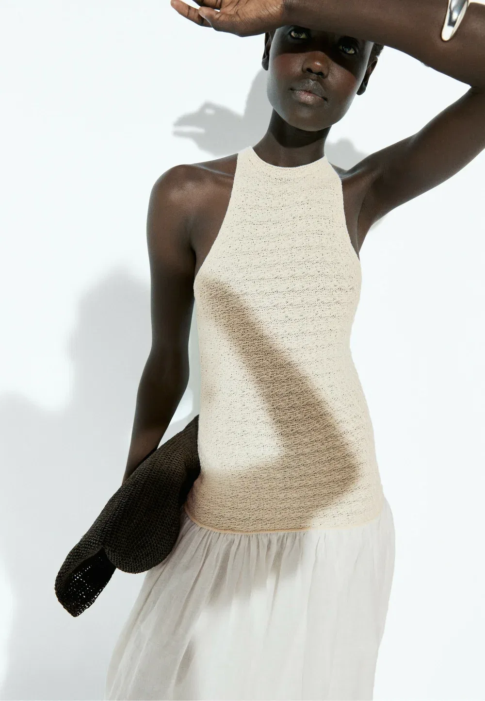 Комбинированное платье миди с завязками на шее - платье макси Massimo Dutti, White — фото 3
