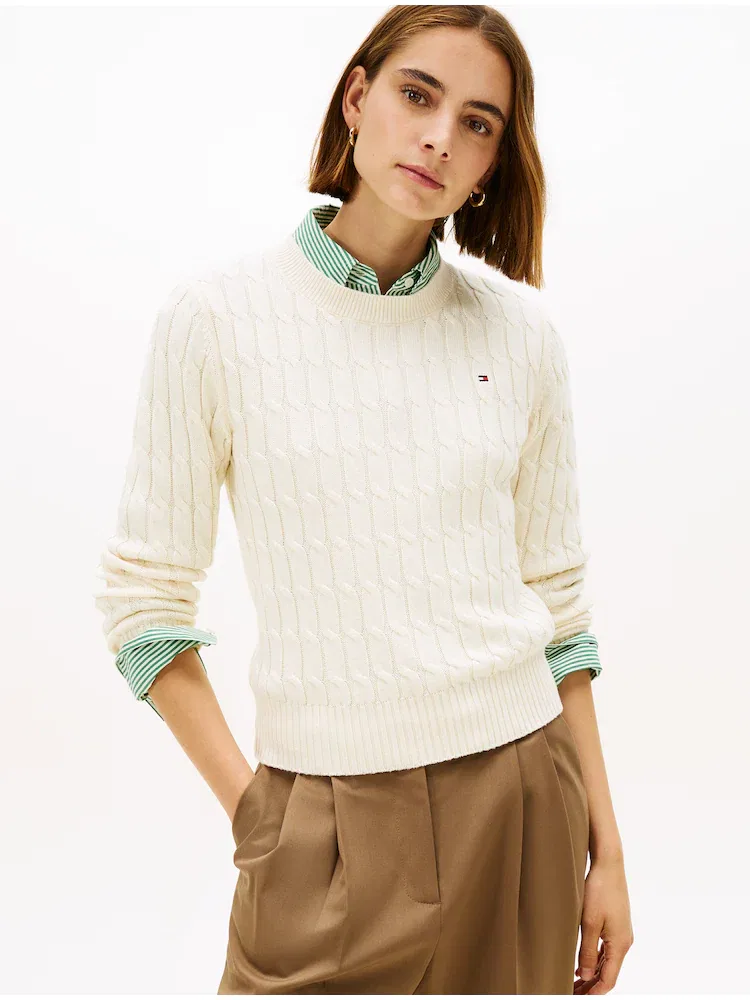 Джемпер хлопковый кабельный вязаный TOMMY HILFIGER, Beige