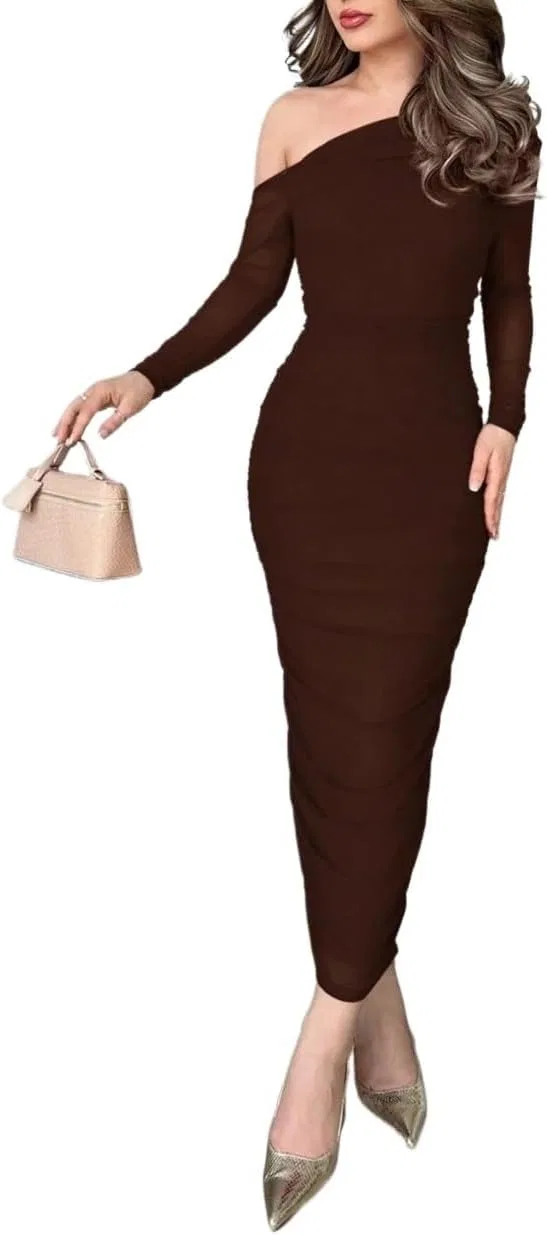 Женское облегающее платье миди с асимметричным вырезом Coffee Brown