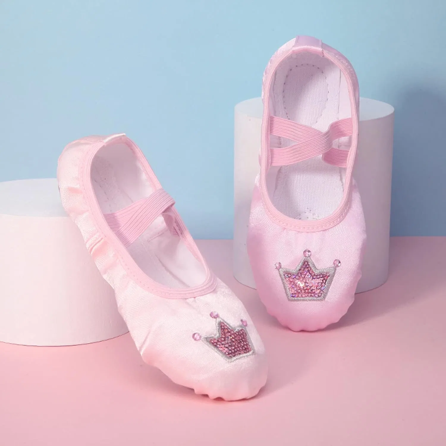 Детские балетки для девочек с принтом Performance Satin Dance Practice Slippers Split Sole Soft Leather Flat Yoga Gymnastics Shoes, Rose Gold — фото 3