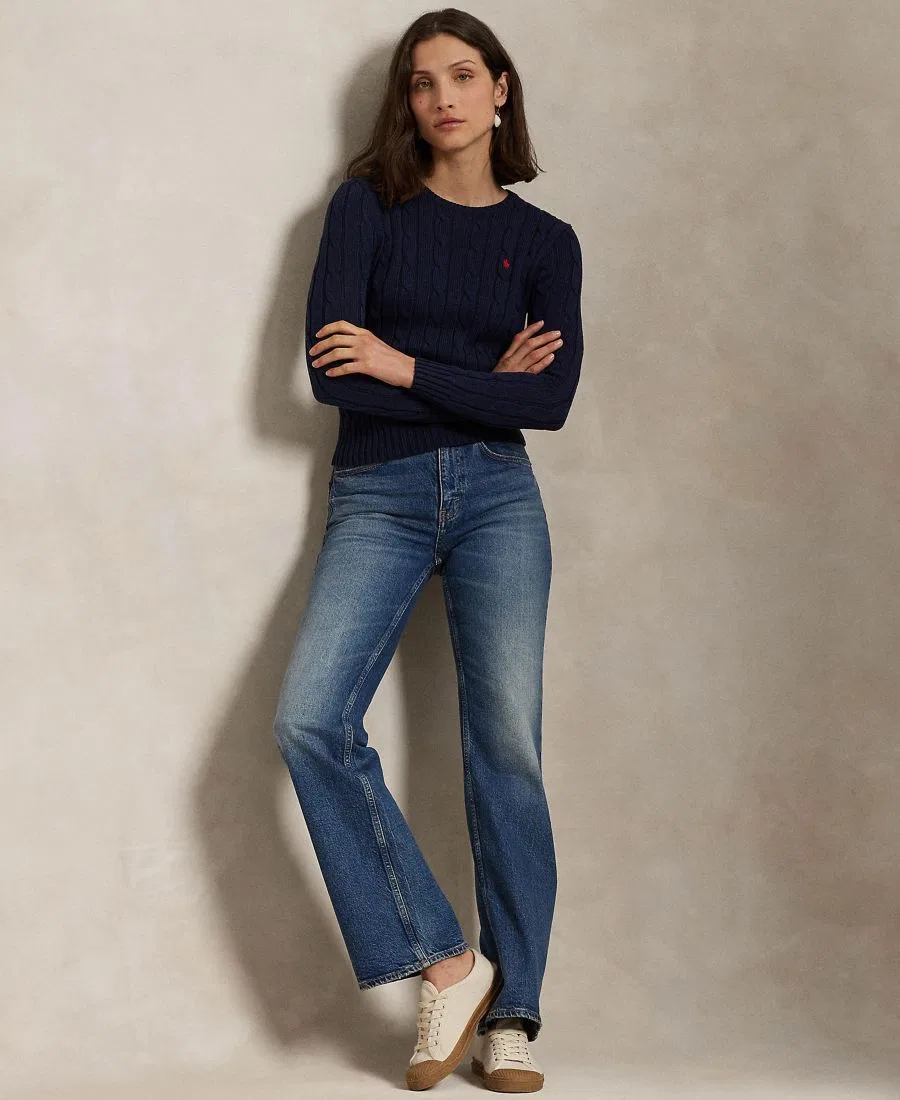 Женский свитер с круглым вырезом из хлопка, с косами Polo Ralph Lauren, Hunter Navy — фото 2
