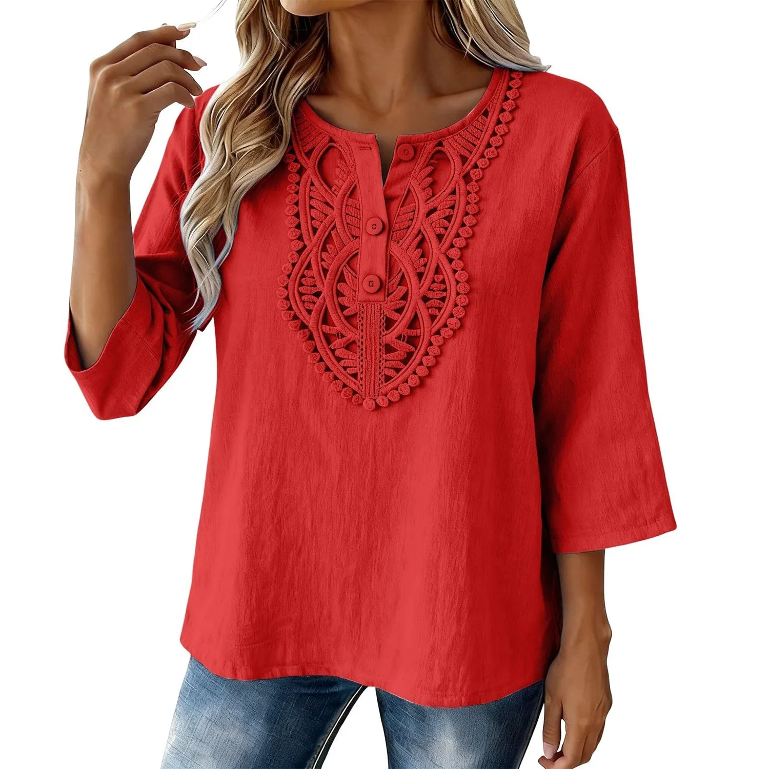 Женская льняная туника с вышивкой Retro 3/4 Sleeve Boho Casual Loose Fit Lightweight Summer Beach Blouse, A-red