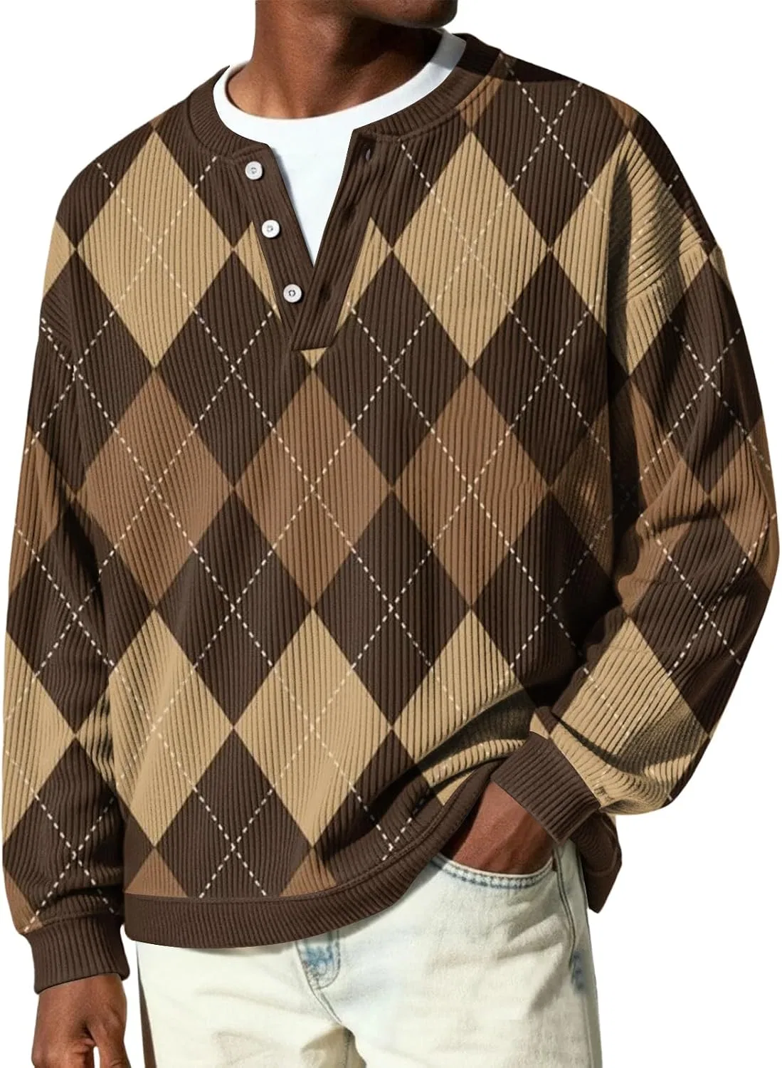 Мужская футболка с длинным рукавом, Ribbed Knit Henley, коричневый — фото 3