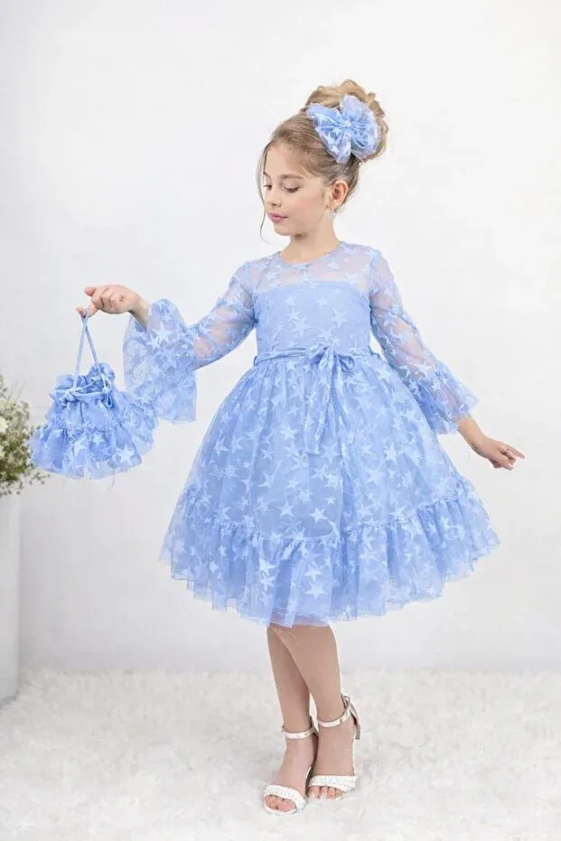 Детское платье для девочек с принтом Star Patterned Tulle Puffy Dress with Buckle Bag Lunas Tekstil, Blue