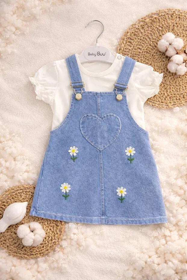 Детский комплект для девочек с принтом Daisy Embroidery Detailed Baby Girl Salopet Dress Set Aslin Store, Ecru — фото 3