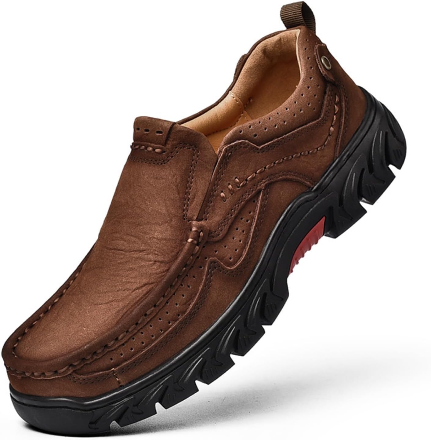 

Мужские замшевые лоферы без застежек с легкой толстой подошвой, повседневная обувь для прогулок на открытом воздухе с круглым носком, противоскользящей подошвой, дышащие и удобные для ежедневного ношения Psieicwm, коричневый