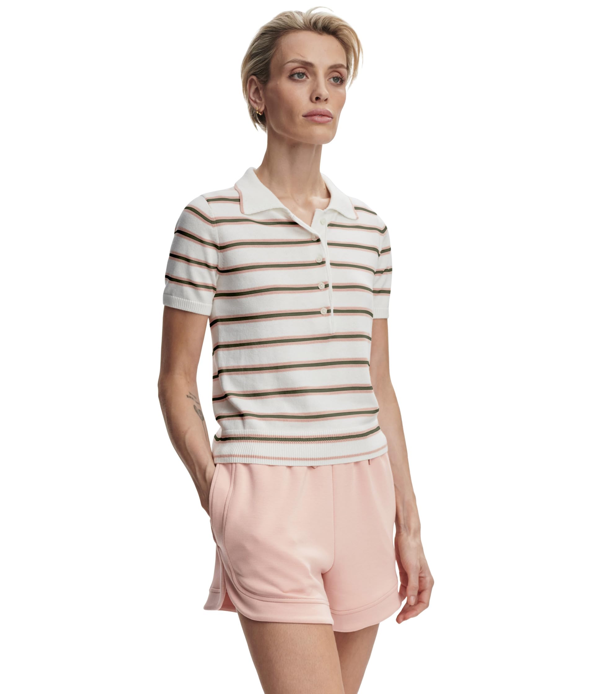 

Поло Varley Faustine Button Neck Polo, White Pink Ivory Stripe
