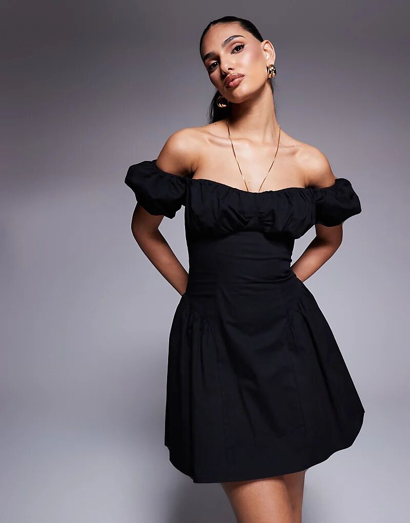 

Эксклюзивное мини-платье Kaiia из хлопкового поплина с пышными рукавами и складками на бедрах, черного цвета