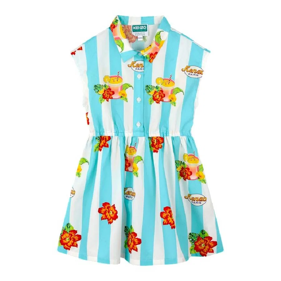 Платье для девочек с полосатым принтом и цветочным узором Girls Stripe Pattern Floral Dress Kenzo, Ivory
