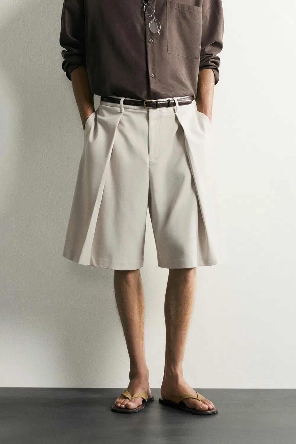 Плиссированные широкие бермудские шорты ZARA, Light beige — фото 2