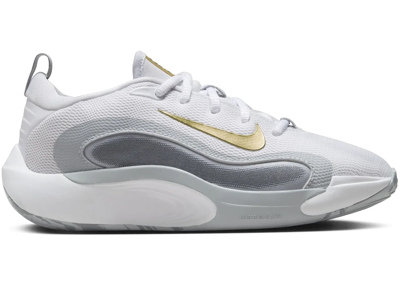 Детские кроссовки для мальчиков с принтом Nike IsoFly Nike, White/Cool Grey/Wolf Grey/Metallic Gold Star