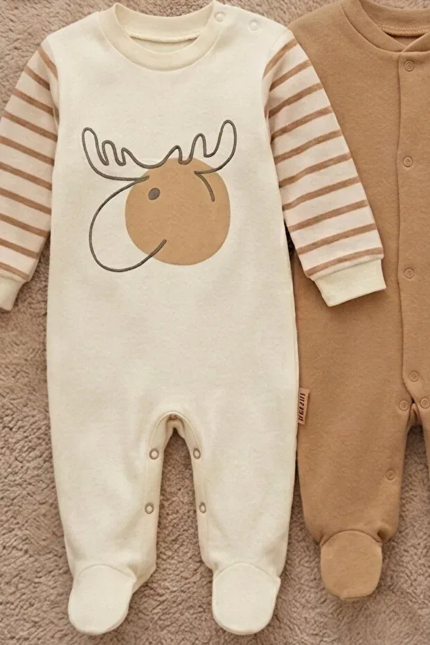 Детский комбинезон для мальчиков с принтом Deer patterned cotton 3-piece baby boy romper set Zumino, Beige — фото 4