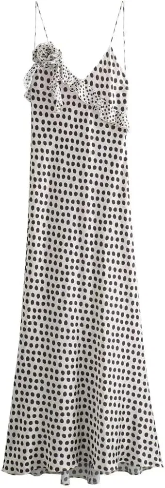 Женское сатиновое платье на бретелях с цветочным принтом, Polka Dots Print