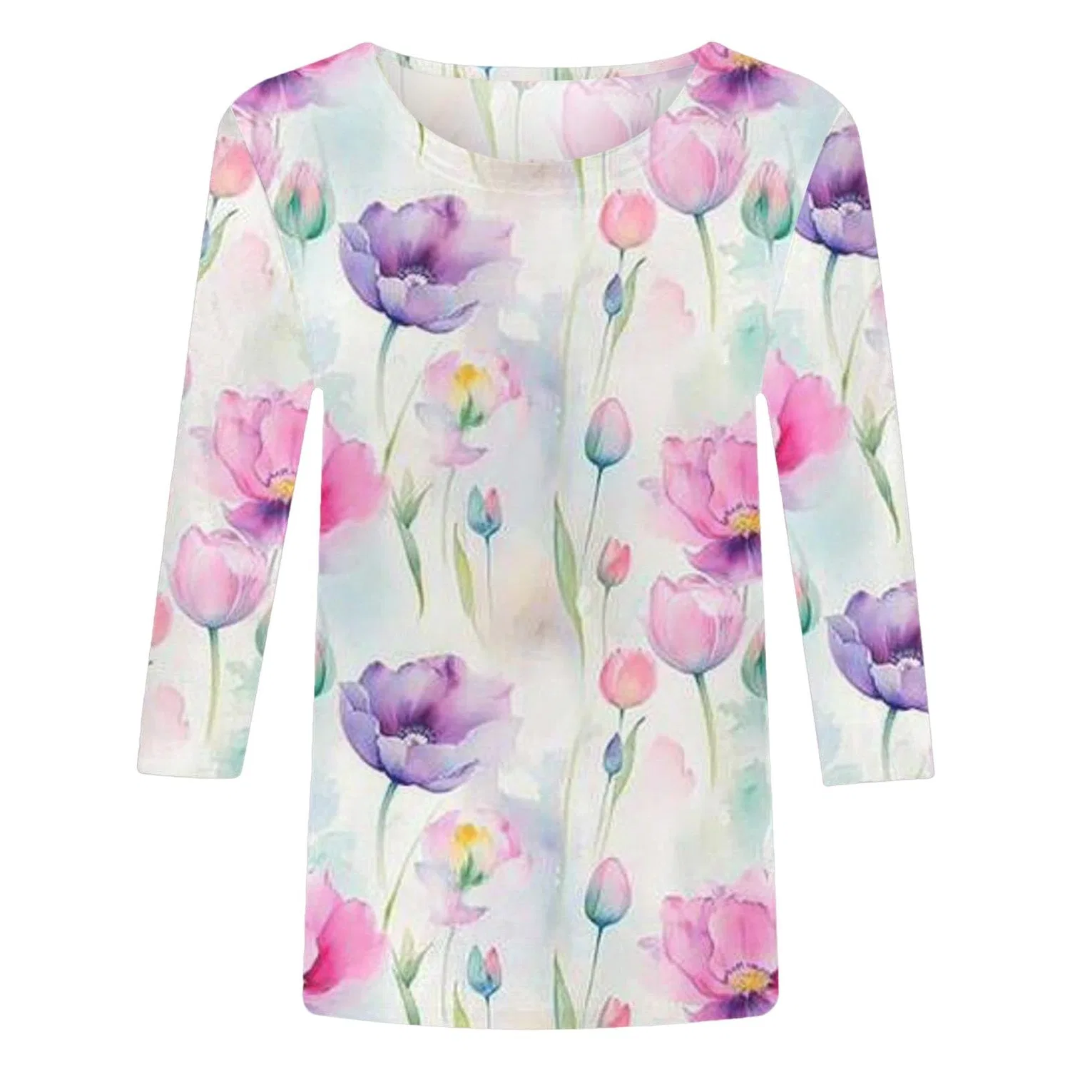 Женская блузка с цветочным принтом Floral Print Round Neck Long Sleeve Lace Top, Pink-6 — фото 3