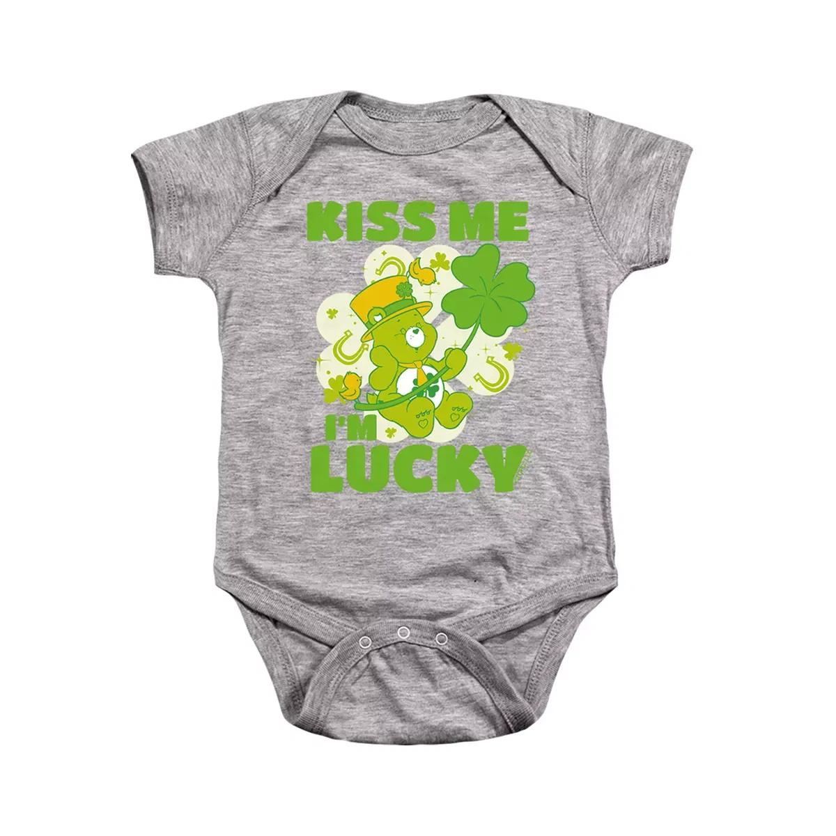 Детское боди с коротким рукавом Kiss Me I'm Lucky Good Luck Bear Stacked Care Bears, Athletic Heather