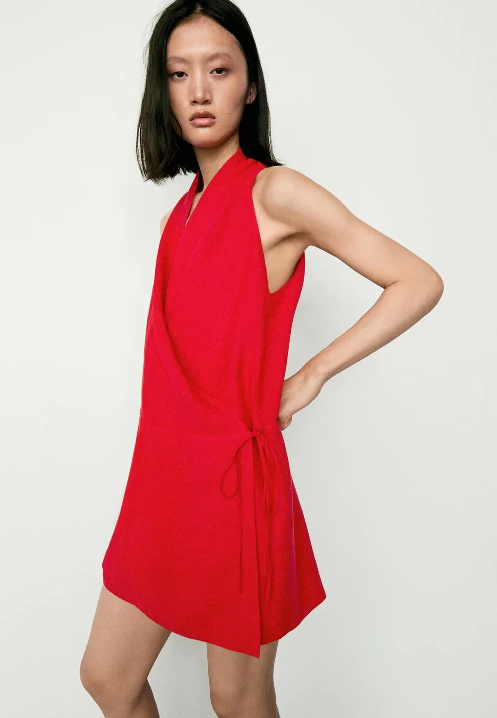 Мини-Платье из 100% льна с запахом - повседневное платье Massimo Dutti, Mottled Red — фото 3
