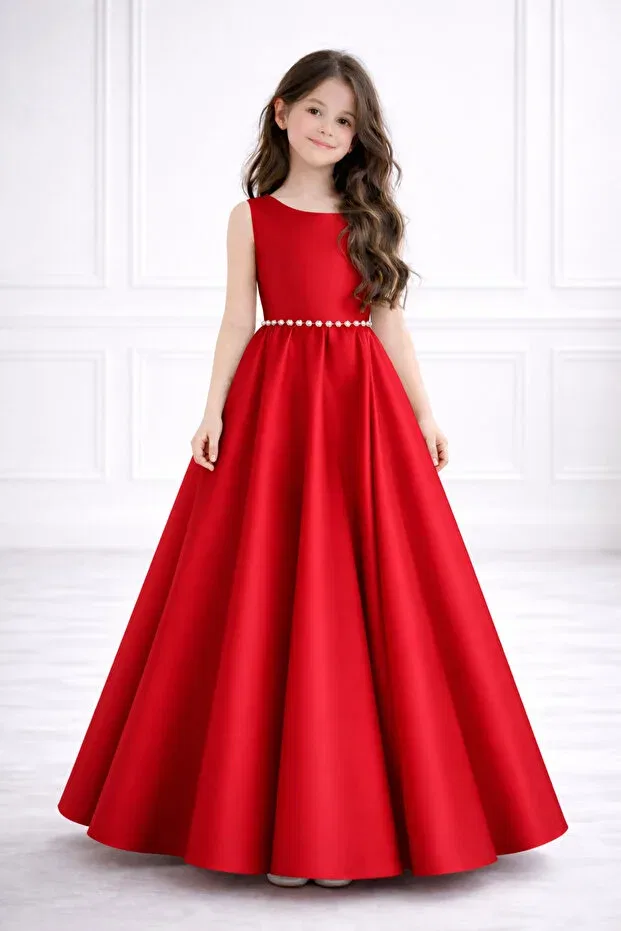 Детское платье для девочек с принтом Satin flower girl dress with pearls at waist and bow round neckline Madyabutik, Red