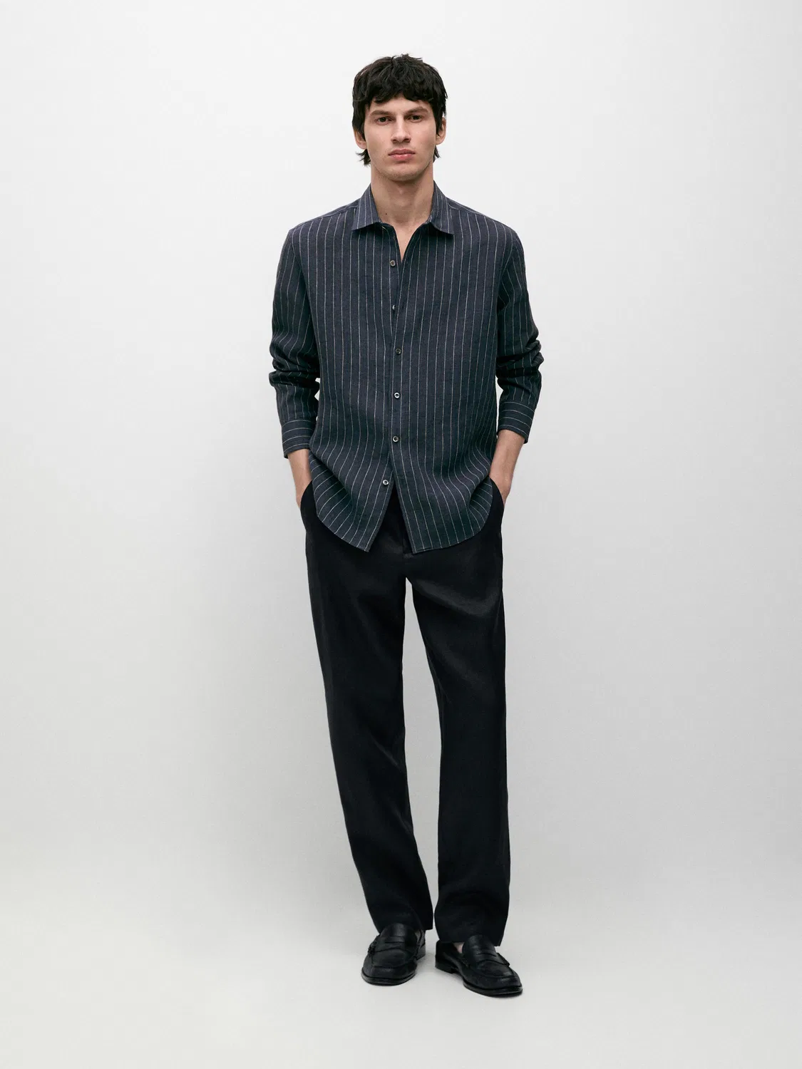 Льняные брюки зауженного кроя Massimo Dutti, темно-синий