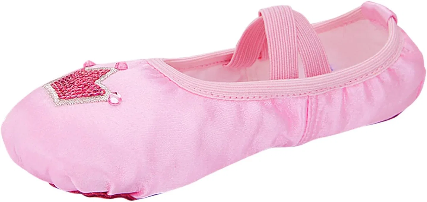 Детские балетки для девочек с принтом Performance Satin Dance Practice Slippers Split Sole Soft Leather Flat Yoga Gymnastics Shoes, Pink