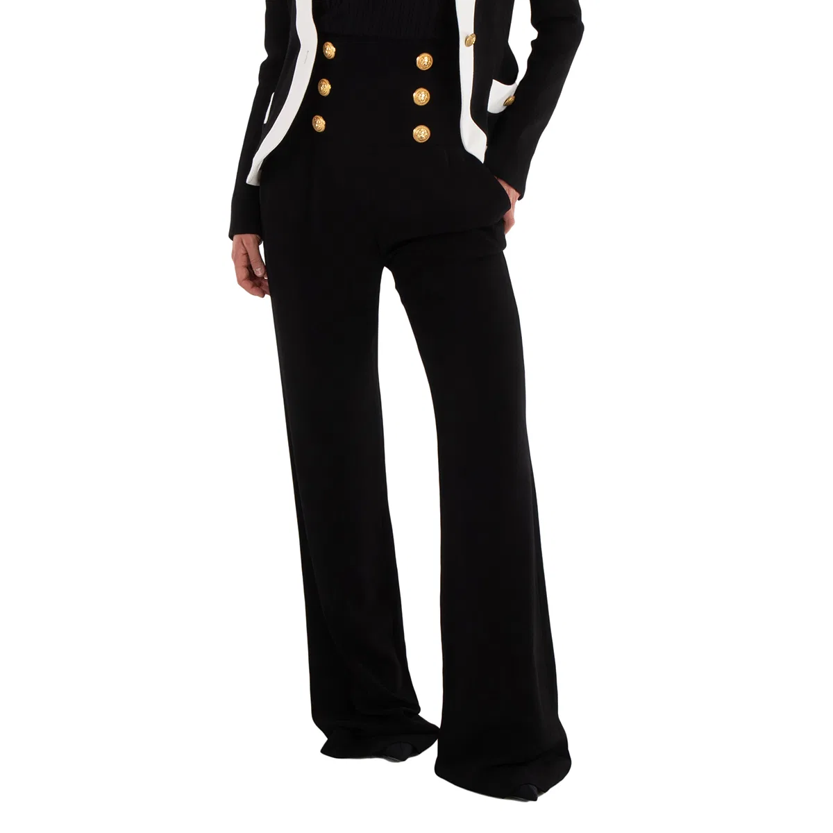 Брюки с высокой посадкой и пуговицами Button-Embellished High-Waisted Pants Balmain, 0Pa Noir
