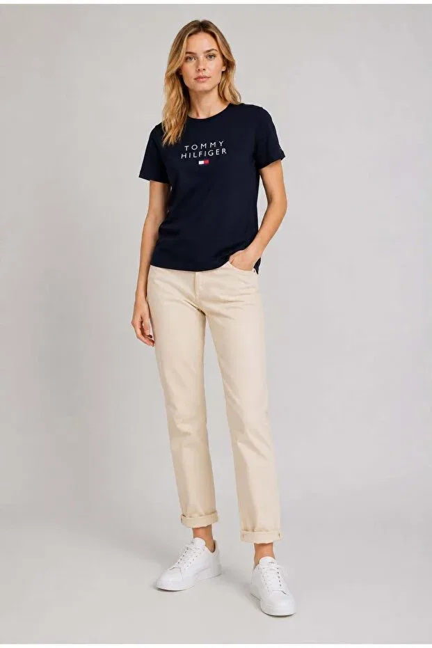Женская хлопковая футболка с принтом с коротким рукавом Tommy Hilfiger, Navy Blue — фото 3