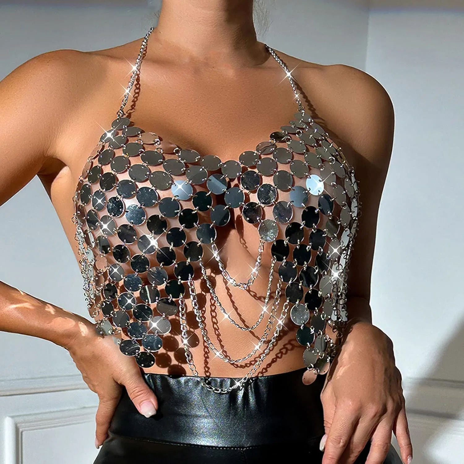 Женский топ-бикини с пайетками и цепочками, Silver — фото 4