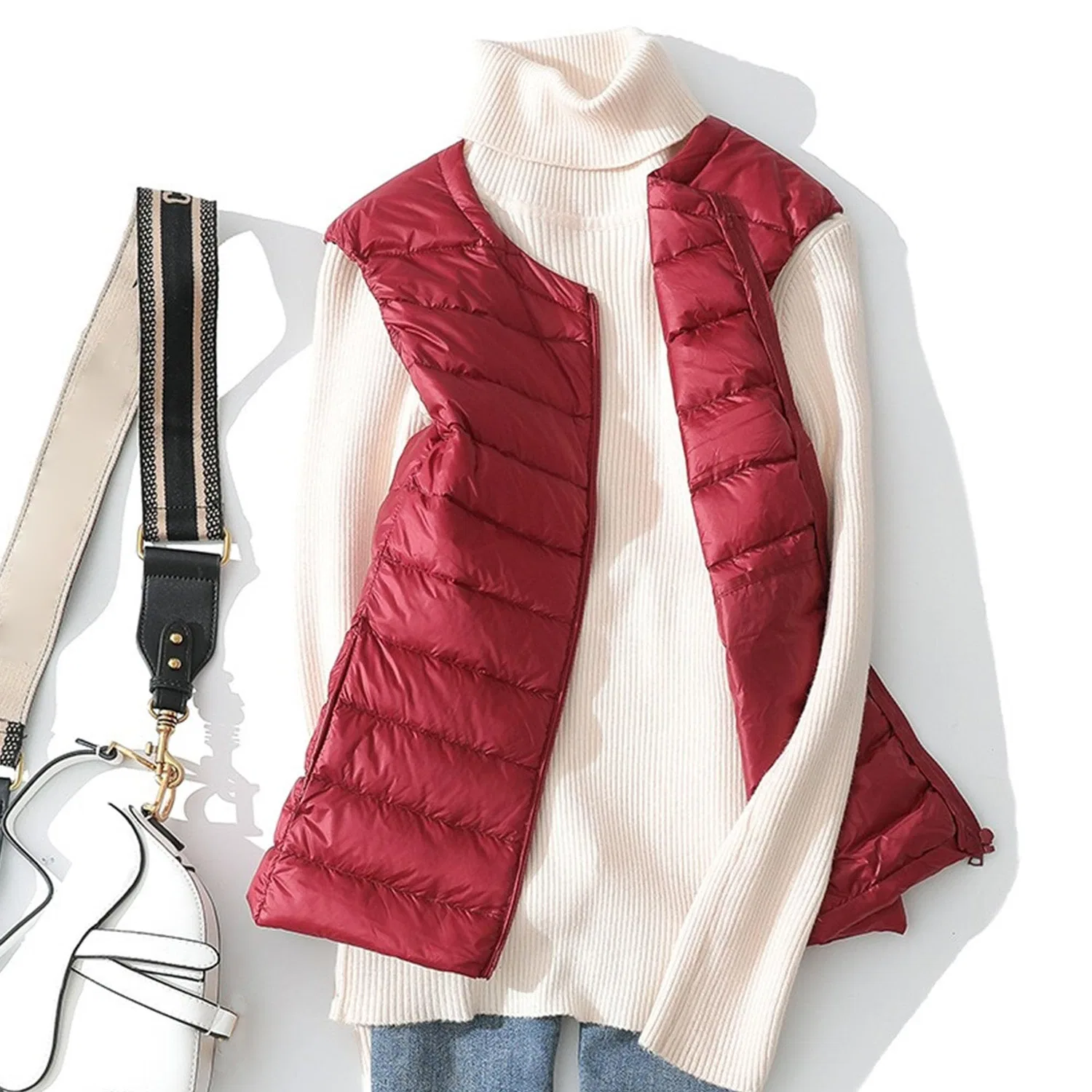 Женский утепленный жилет без рукавов с принтом Womens Vest Outerwear Plus Size Lightweight Packable Quilted Sleeveless Round Neck Vest, Vino rosso — фото 4