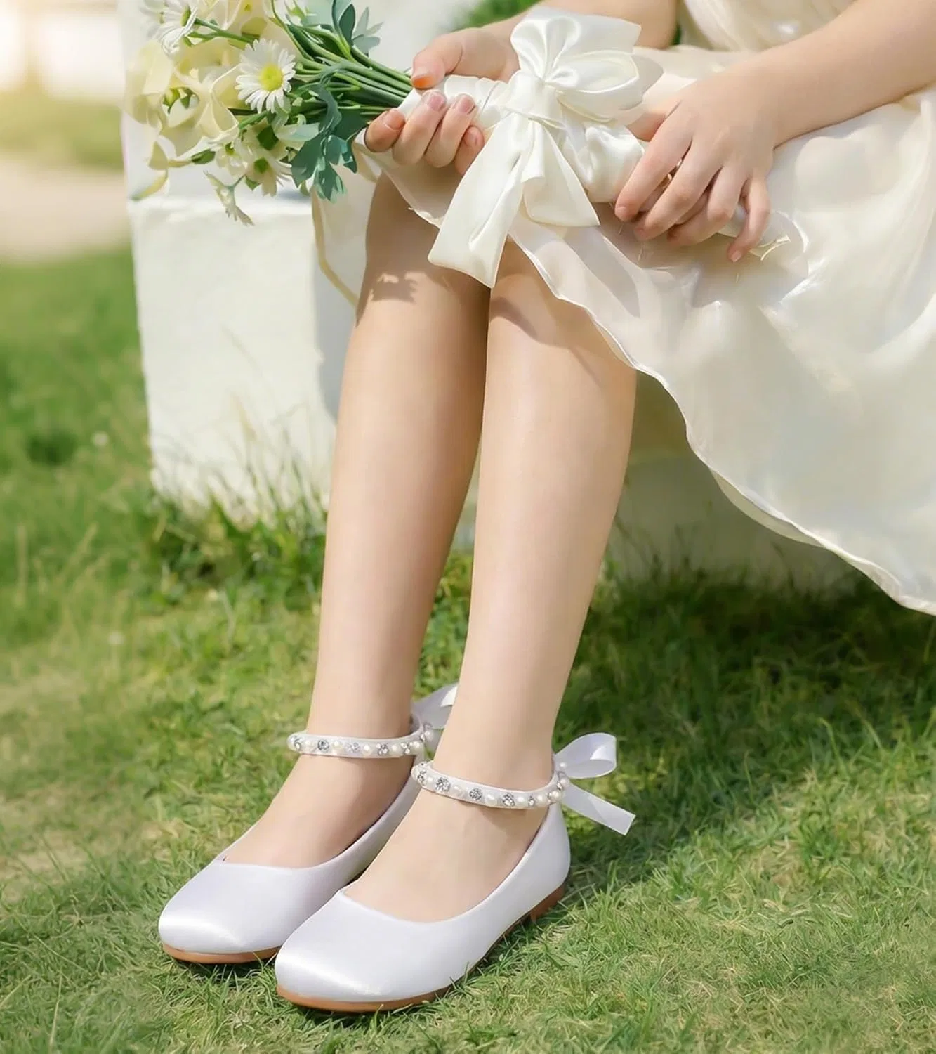 Детские балетки для девочек с принтом цветов Mary Jane Flats KDVOG, White Satin — фото 2