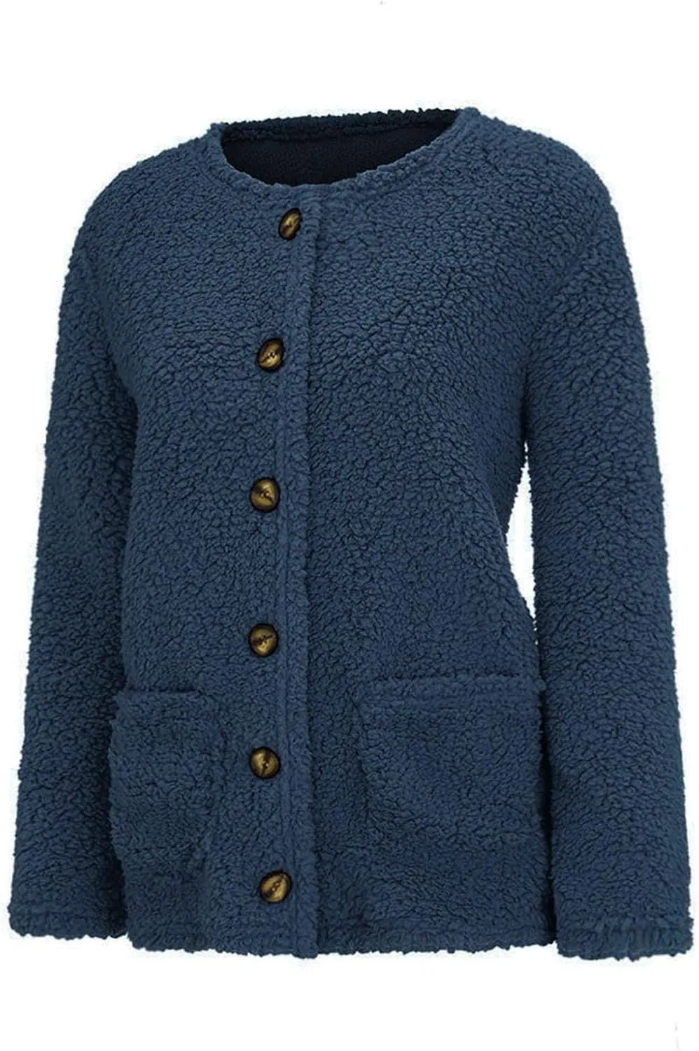 Женское пальто-кардиган на пуговицах с открытым передом, Warm Faux Fur Coats, Casual Sweater Outwear, тёмно-синий — фото 4