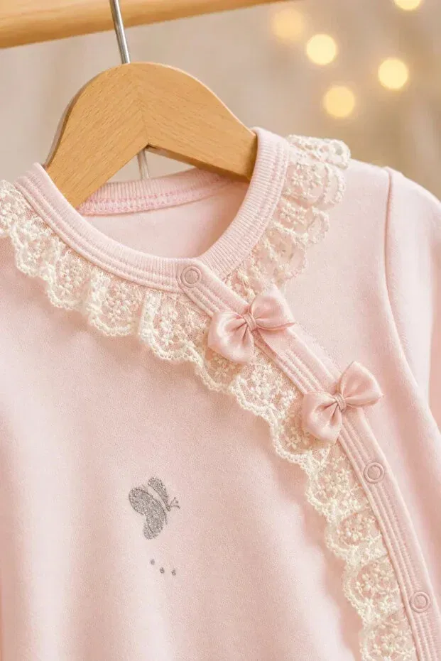 Детский комбинезон для девочек с принтом Girl butterfly lace 3 piece jumpsuit set Imajbebe, Salmon — фото 2