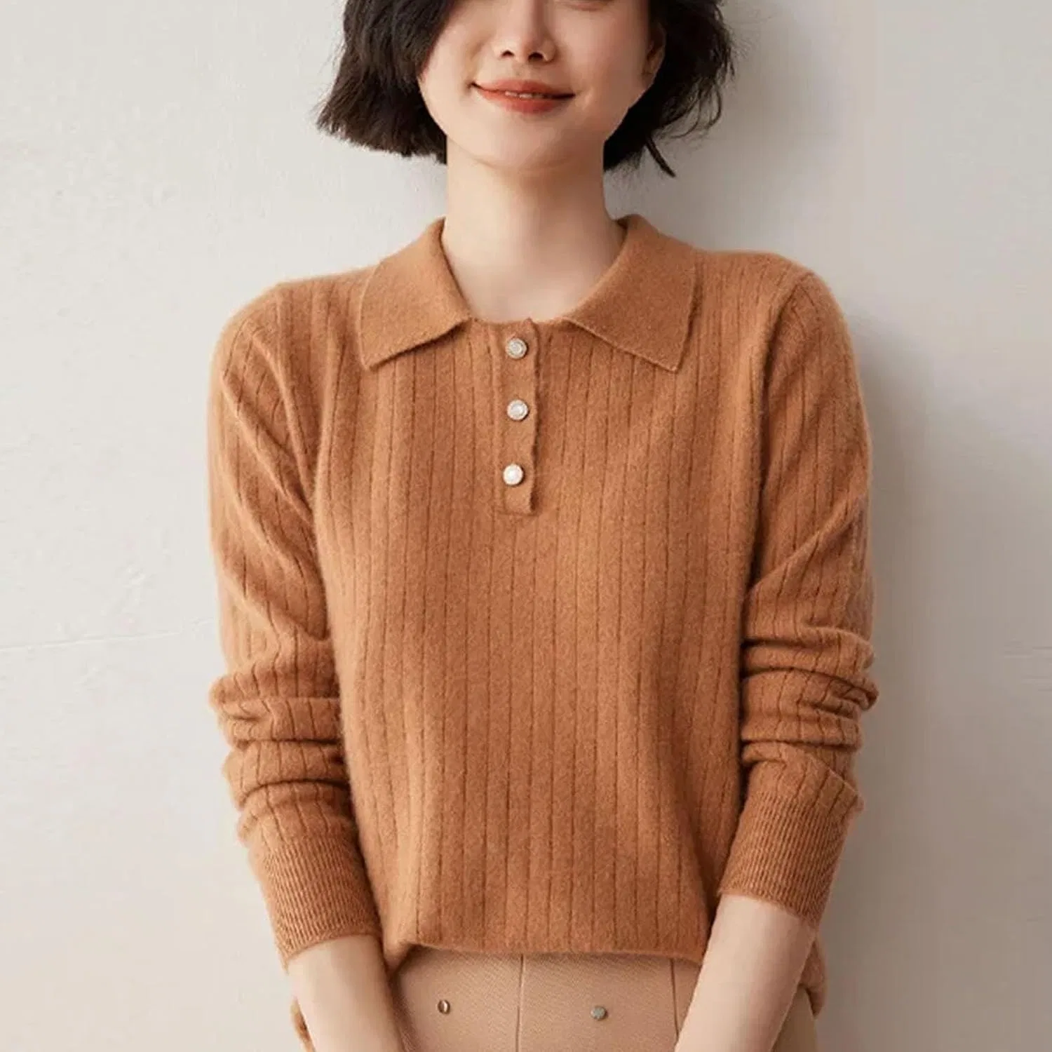 Женский пуловер с воротником из кашемира, модель Collar Cashmere, светло-коричневый — фото 4