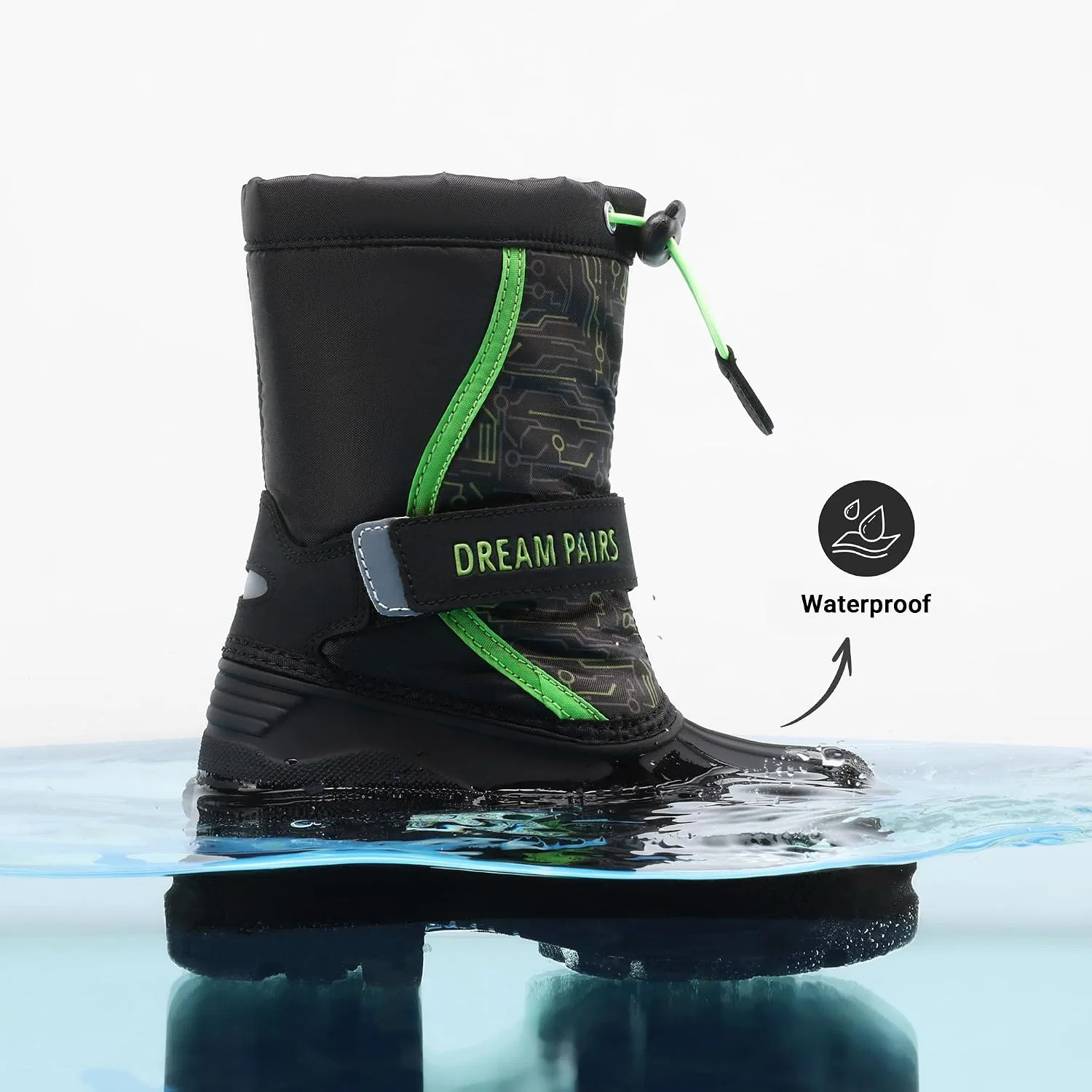 Детские зимние водонепроницаемые снежные ботинки DREAM PAIRS, Black/Green — фото 3