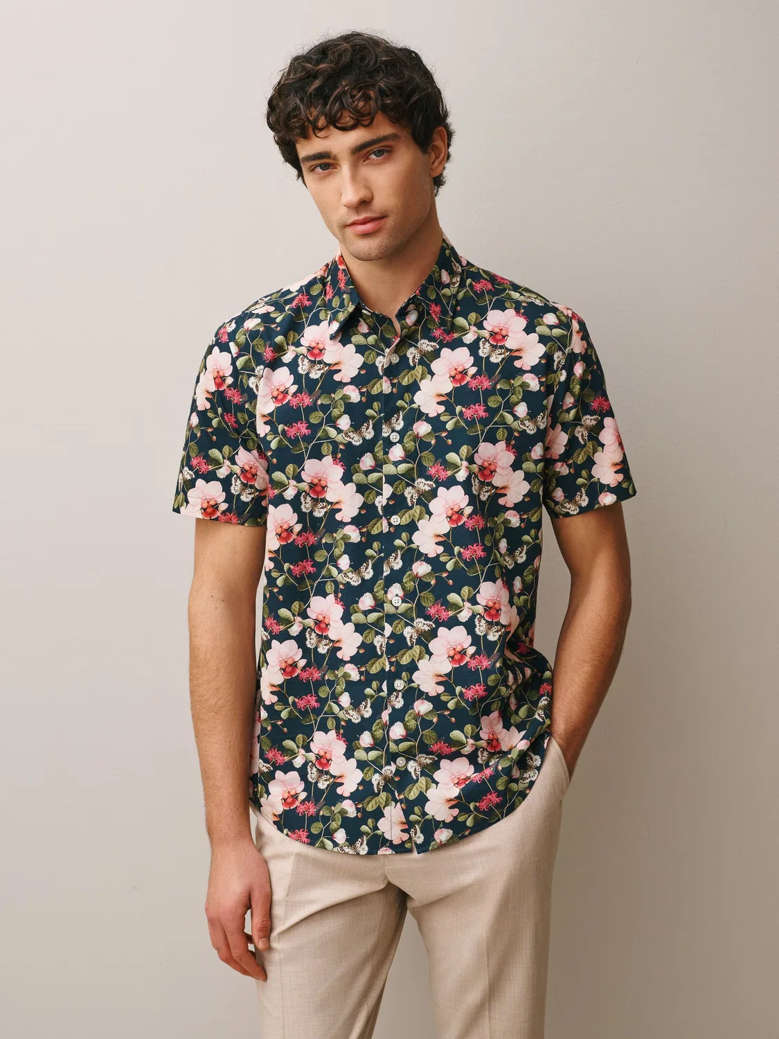 Рубашка с коротким рукавом Regular Fit, принт Kew Gardens Next, Navy/Pink Floral