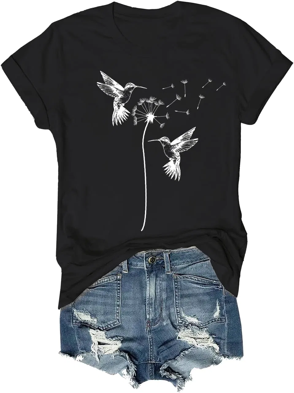 Футболка с принтом Cute Dandelion Hummingbird, Black