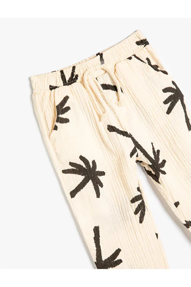 Детские брюки для девочек прямого кроя с завязками на поясе Koton, Ecru Patterned — фото 3