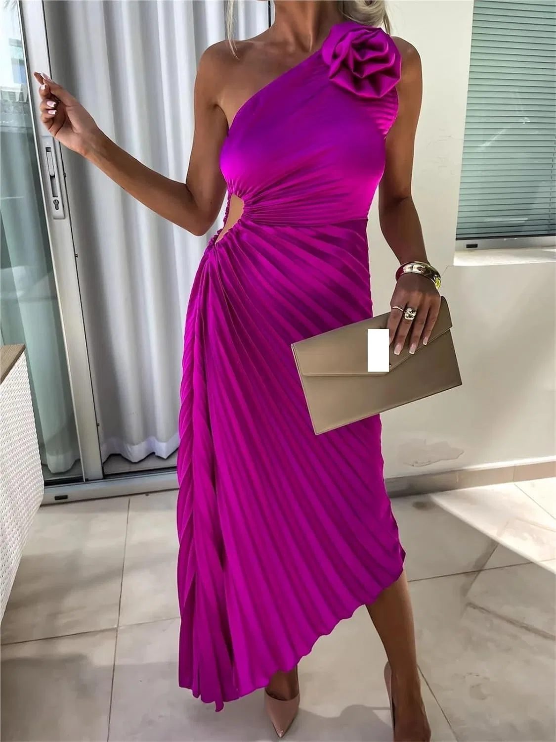 Женское коктейльное платье с одним плечом сатиновое, Purple — фото 3