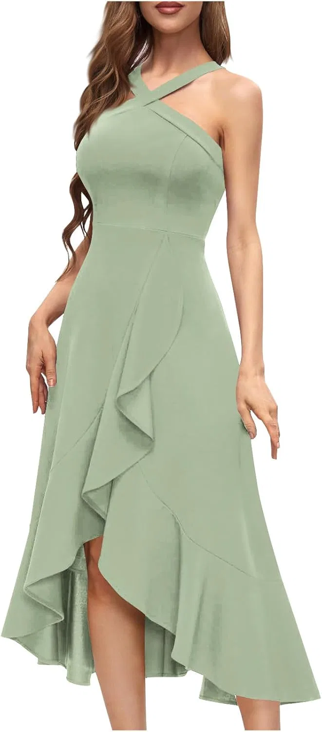 Женское макси-платье с воланами на подоле Halter Neck, A01 Green