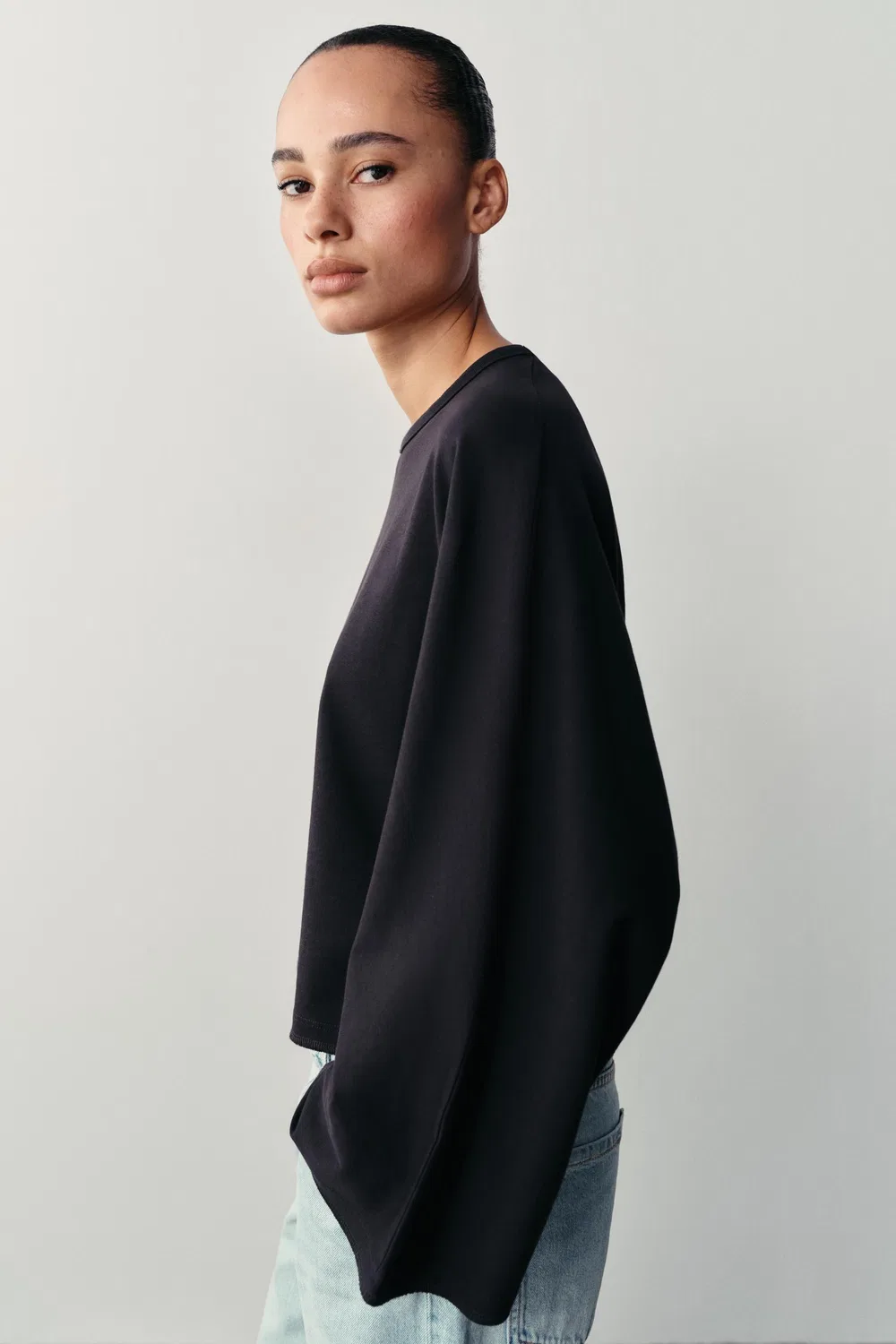 Хлопковая футболка с широкими рукавами ZARA, Navy blue — фото 3