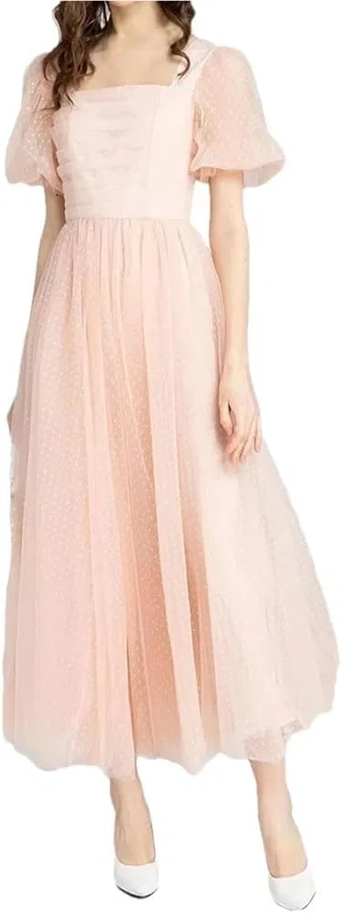 Женское платье-макси с принтом, Puff Sleeve Flowing Long Dress, розовый