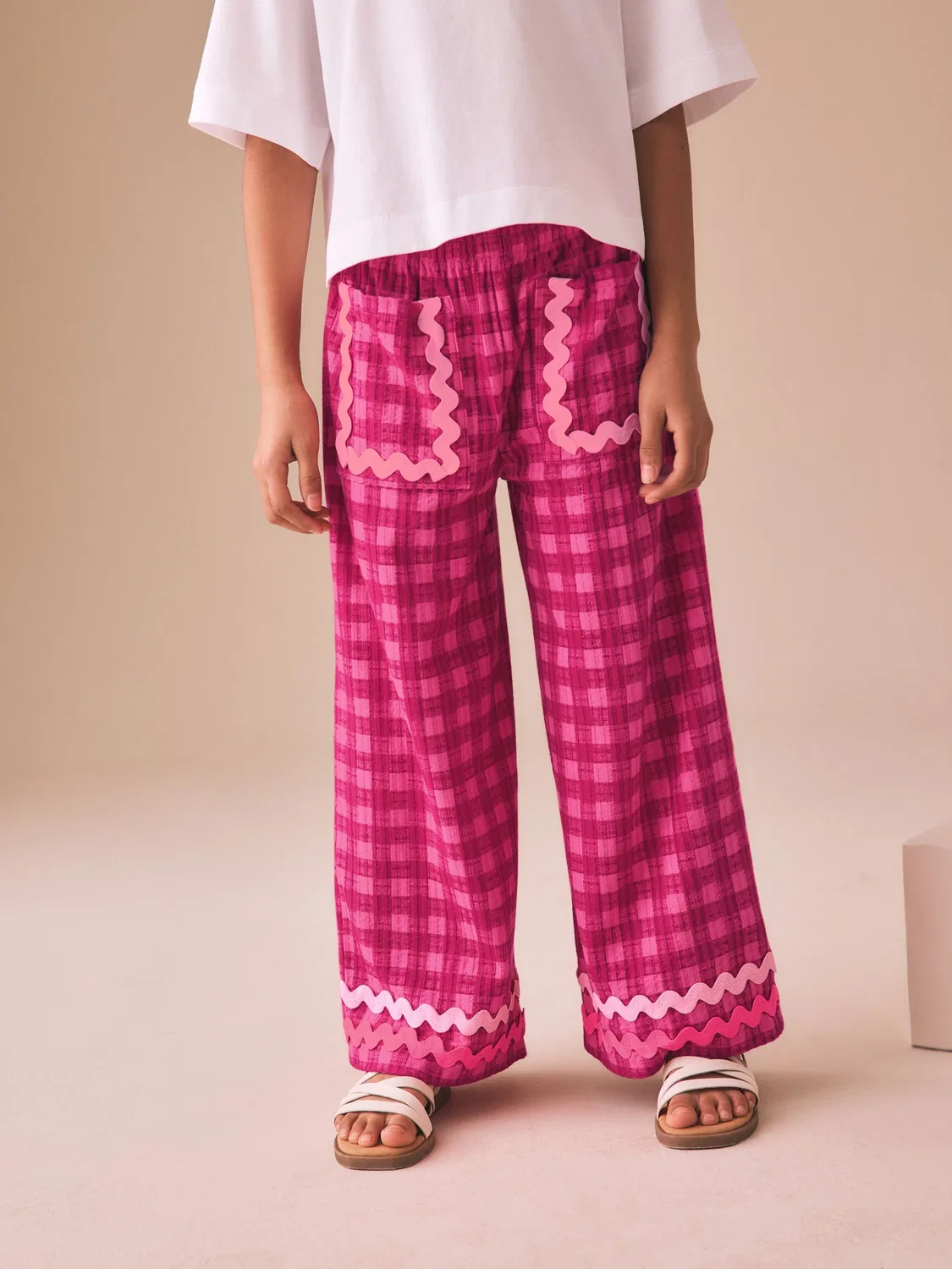 Брюки широкие с гребешковым краем, Pink Gingham Next, розовый в клетку