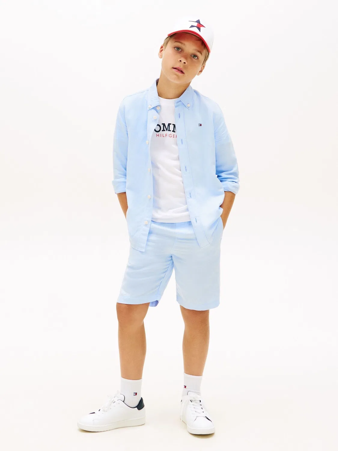 Рубашка из льняной смеси с вышивкой флага Tommy Hilfiger, синяя — фото 2