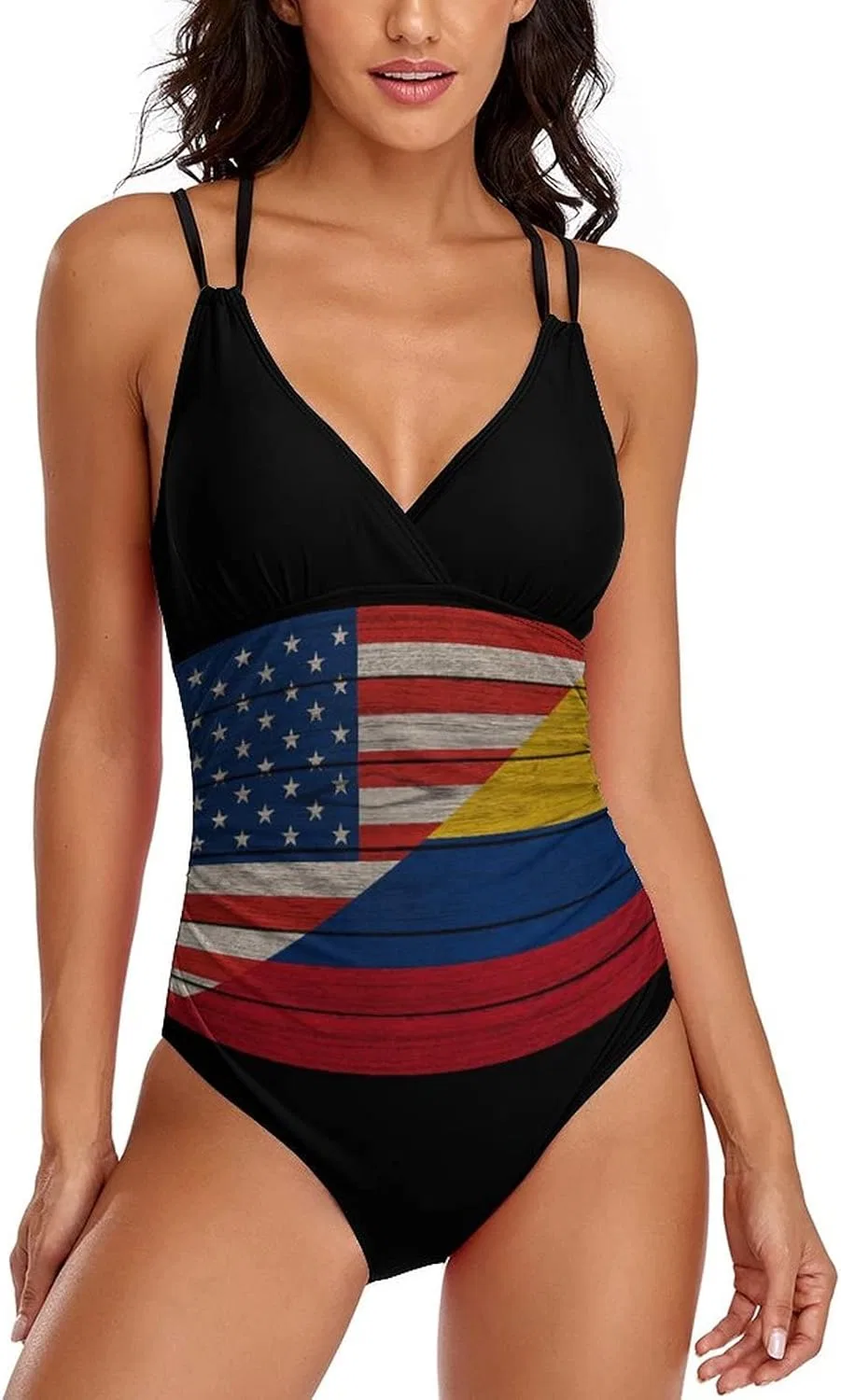 Женский слитный купальник с V-образным вырезом, Half American Half Colombian Flag-style6c