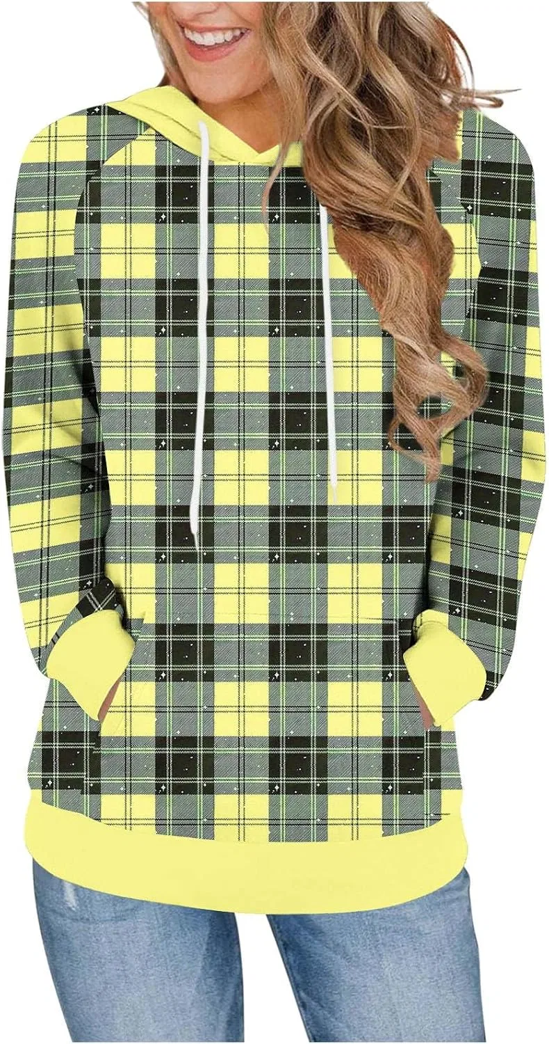 Женское худи с принтом, модель Plaid Print Drawstring, жёлтый